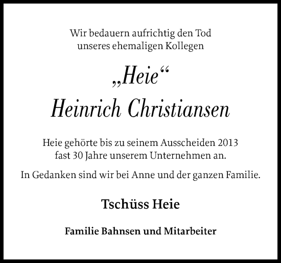 Traueranzeige von Heinrich Christiansen von Husumer Nachrichten, Nordfriesland Tageblatt