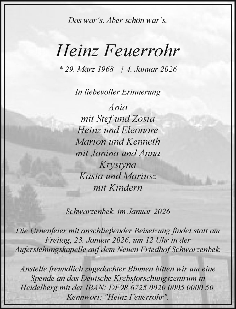  Traueranzeige für Heinz Feuerrohr vom 10.01.2026 aus Wochenend Anzeiger