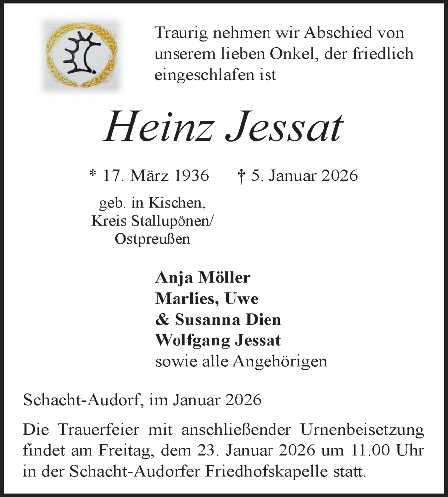  Traueranzeige für Heinz Jessat vom 17.01.2026 aus Schleswig-Holsteinische Landeszeitung