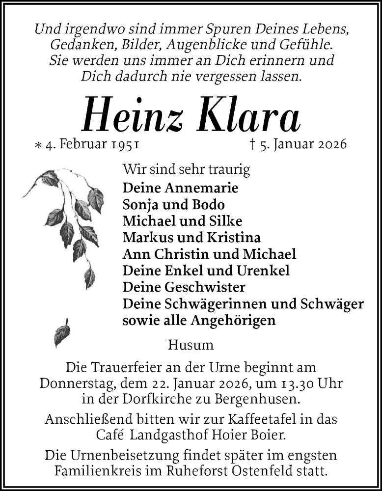  Traueranzeige für Heinz Klara vom 17.01.2026 aus Schleswig-Holsteinische Landeszeitung