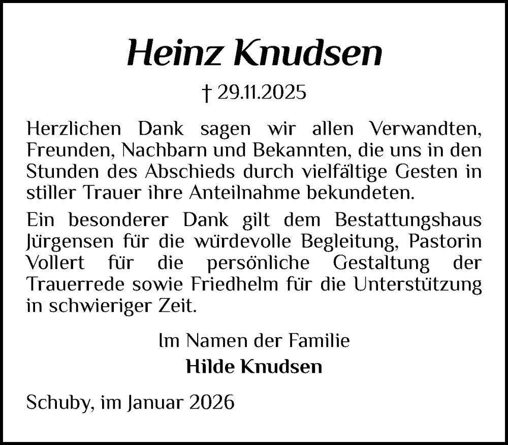  Traueranzeige für Heinz Knudsen vom 03.01.2026 aus Schleswiger Nachrichten, Schlei-Bote