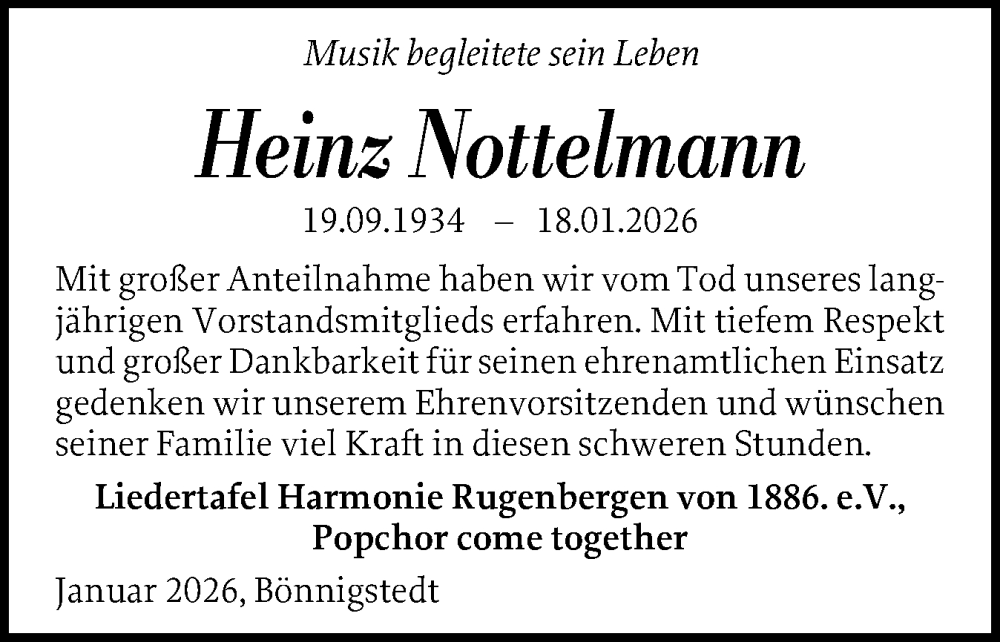 Traueranzeige für Heinz Nottelmann vom 31.01.2026 aus Region Pinneberg und tip Pinneberg