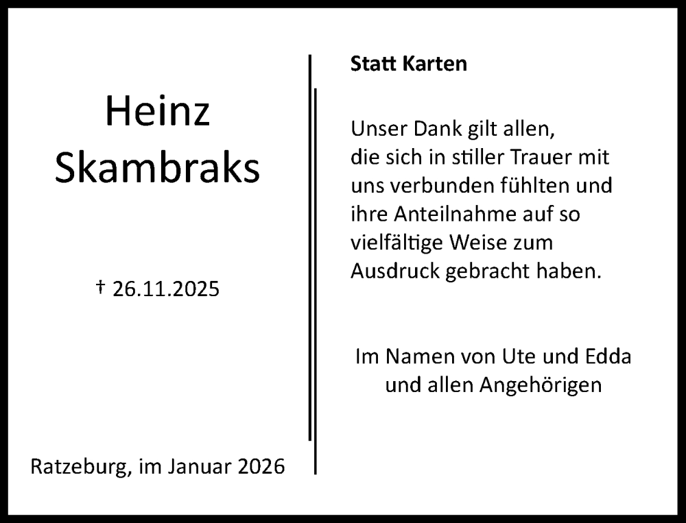  Traueranzeige für Heinz Skambraks vom 03.01.2026 aus MARKT Ratzeburg/Mölln
