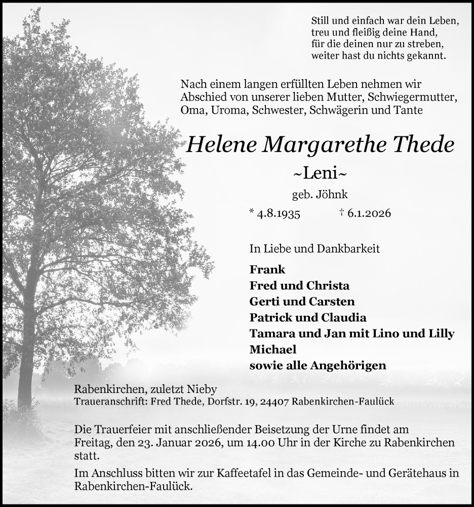  Traueranzeige für Helene Margarethe Thede vom 17.01.2026 aus Schleswiger Nachrichten, Schlei-Bote
