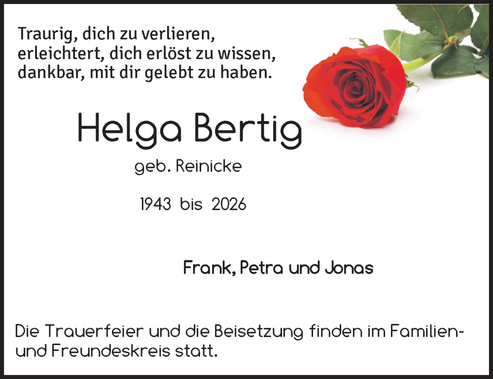  Traueranzeige für Helga Bertig vom 17.01.2026 aus Norddeutsche Rundschau, Wilstersche Zeitung, Glückstädter Fortuna