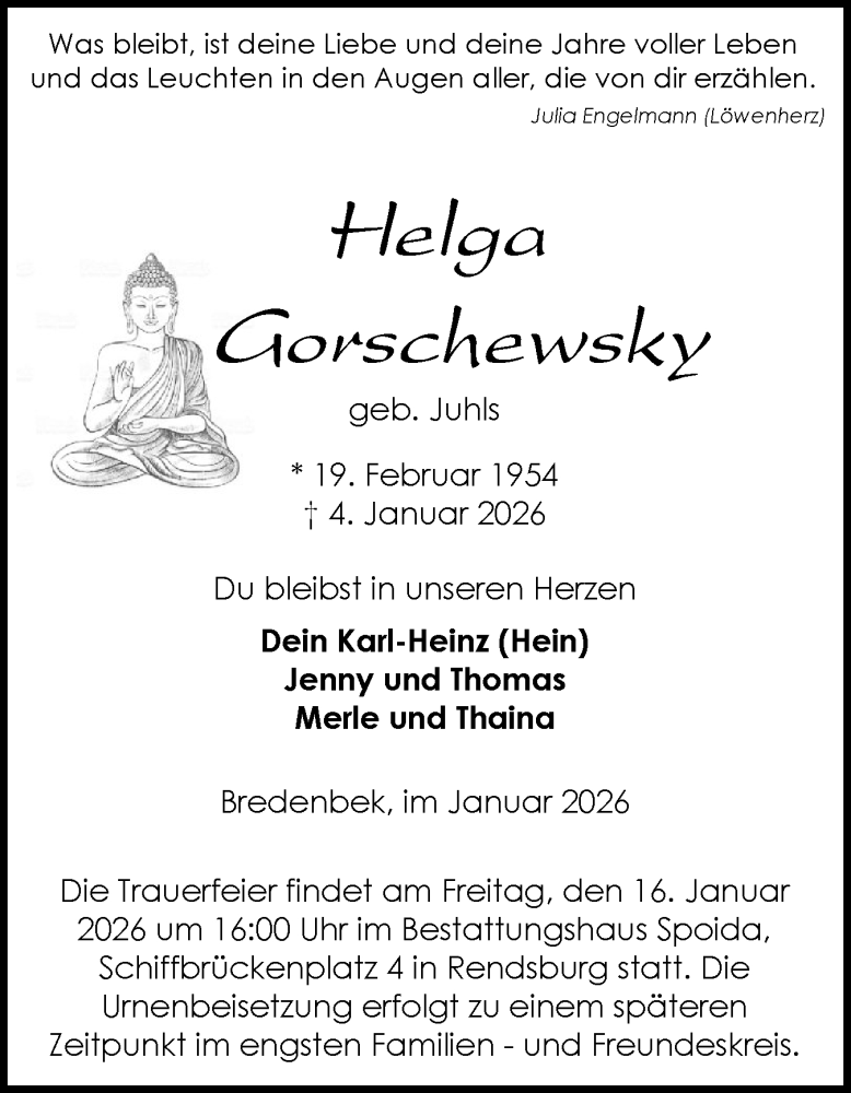  Traueranzeige für Helga Gorschewsky vom 10.01.2026 aus Schleswig-Holsteinische Landeszeitung