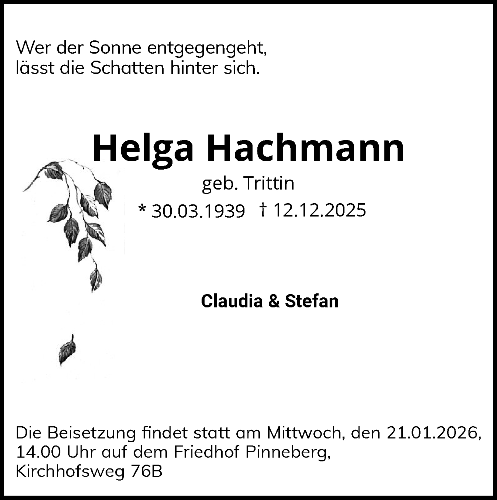  Traueranzeige für Helga Hachmann vom 08.01.2026 aus Digitale Anzeige
