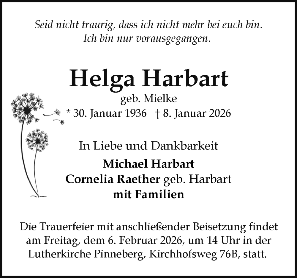  Traueranzeige für Helga Harbart vom 31.01.2026 aus Region Pinneberg und tip Pinneberg