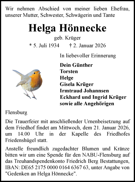 Traueranzeige von Helga Hönnecke von Flensburger Tageblatt