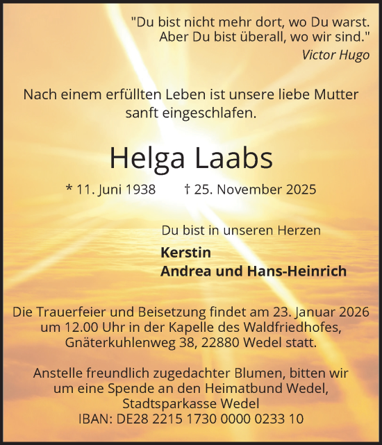 Traueranzeige von Helga Laabs von Wedel-Schulauer Tageblatt, tip Wedel-Schulauer Tageblatt, tip Rissener Rundschau