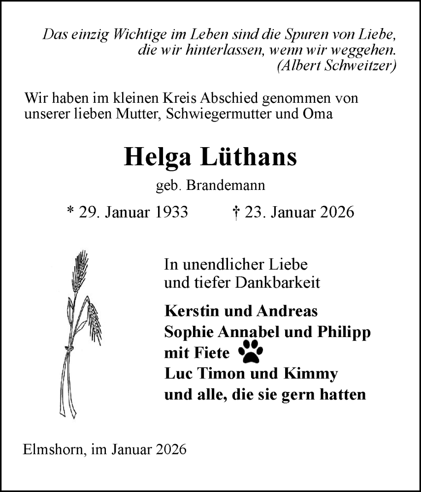  Traueranzeige für Helga Lüthans vom 31.01.2026 aus Elmshorner Nachrichten, Barmstedter Zeitung