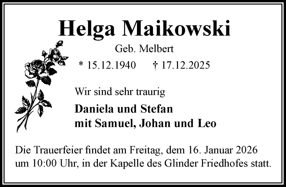  Traueranzeige für Helga Maikowski vom 10.01.2026 aus MARKT Glinde/Reinfeld