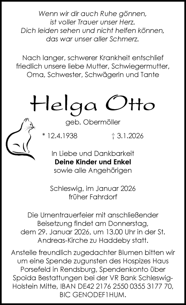  Traueranzeige für Helga Otto vom 17.01.2026 aus Schleswiger Nachrichten, Schlei-Bote