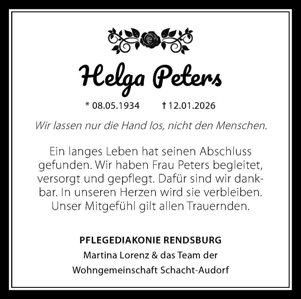  Traueranzeige für Helga Peters vom 19.01.2026 aus Schleswig-Holsteinische Landeszeitung