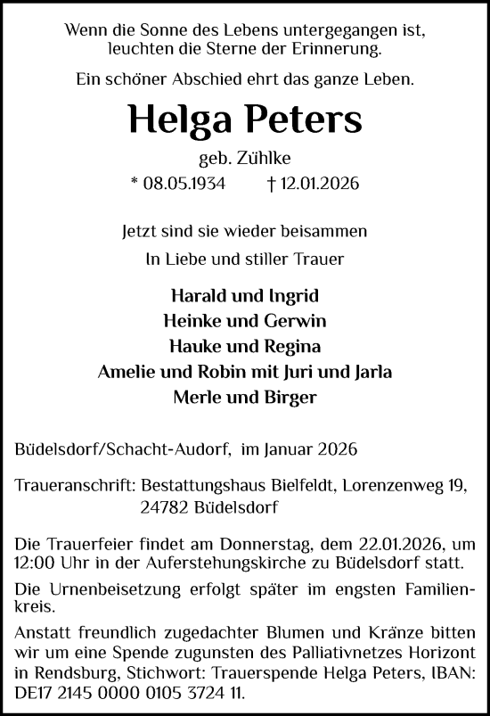 Traueranzeige von Helga Peters von Schleswig-Holsteinische Landeszeitung