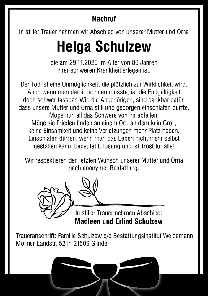  Traueranzeige für Helga Schulzew vom 10.01.2026 aus MARKT Glinde/Reinfeld