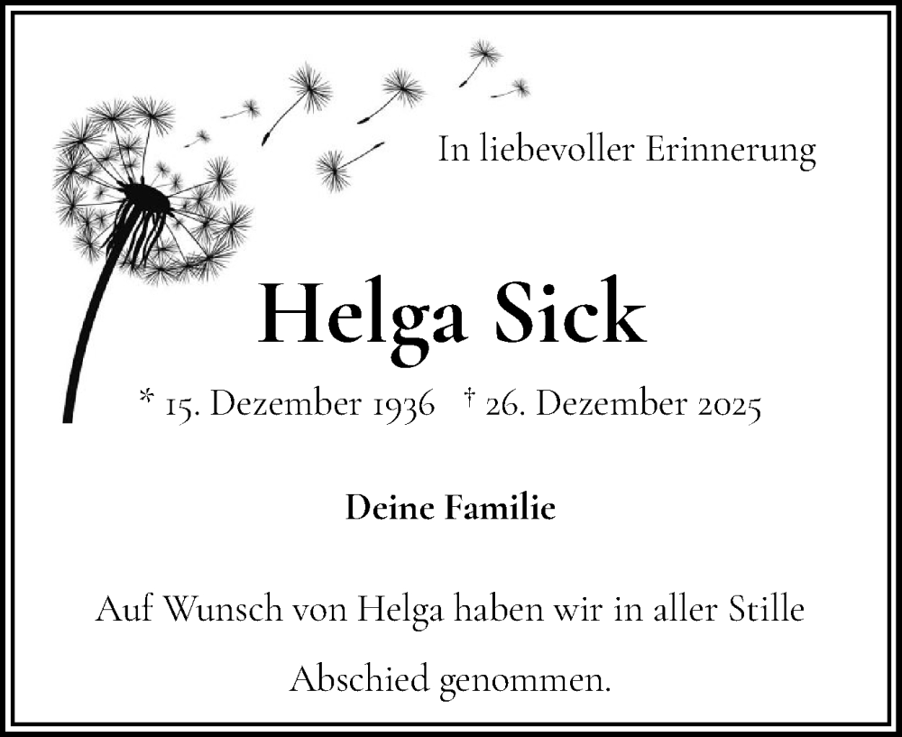 Traueranzeige für Helga Sick vom 17.01.2026 aus Flensburger Tageblatt