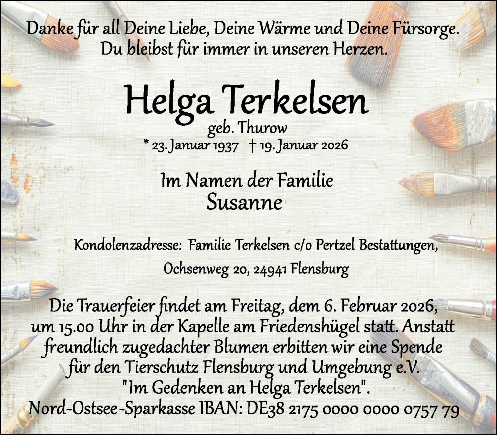  Traueranzeige für Helga Terkelsen vom 31.01.2026 aus Flensburger Tageblatt