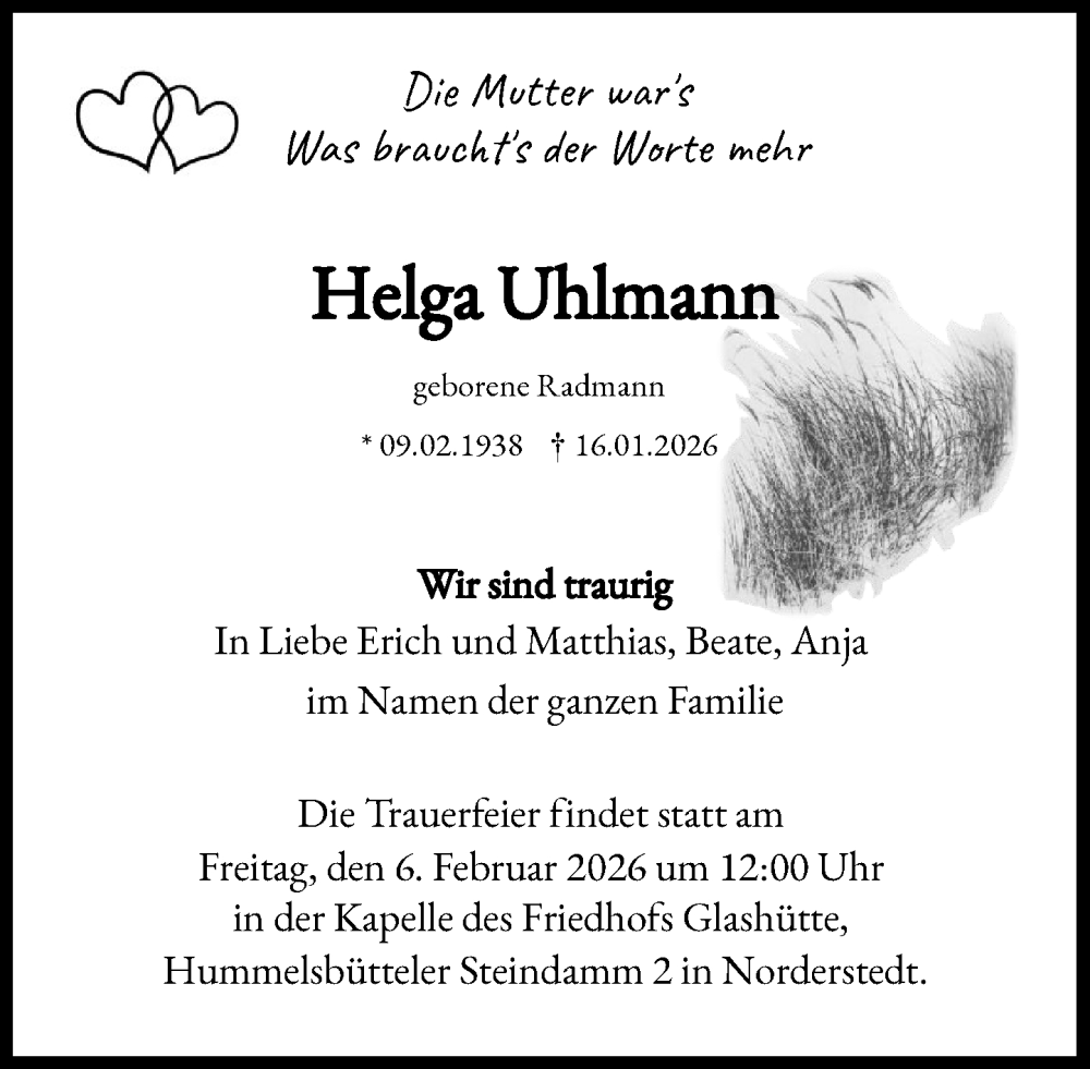  Traueranzeige für Helga Uhlmann vom 31.01.2026 aus Heimatspiegel