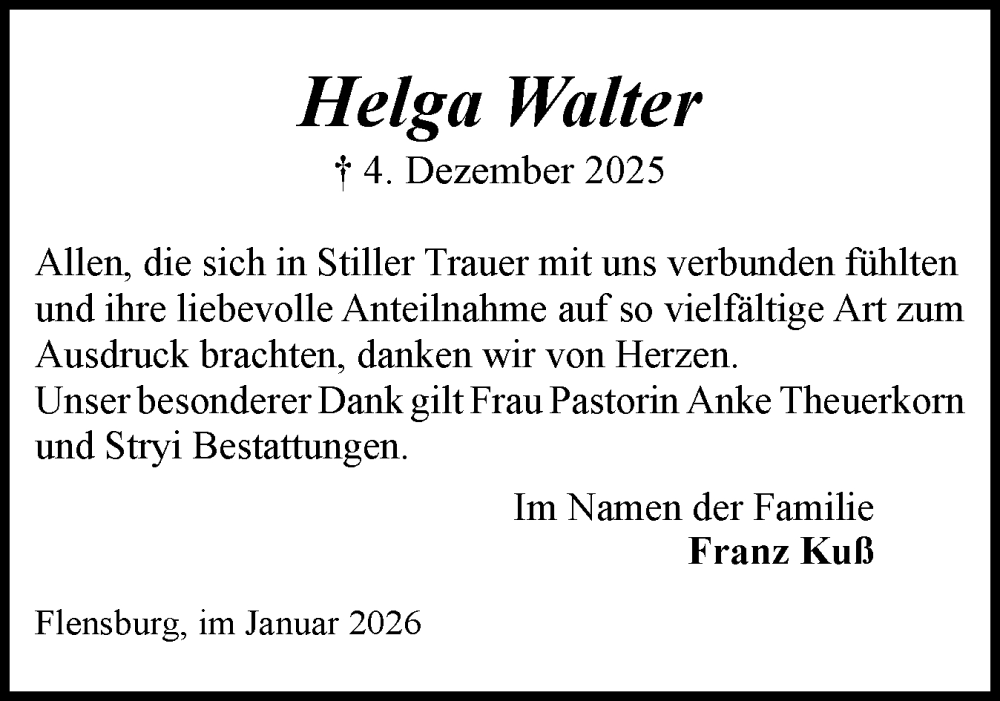  Traueranzeige für Helga Walter vom 17.01.2026 aus Flensburger Tageblatt