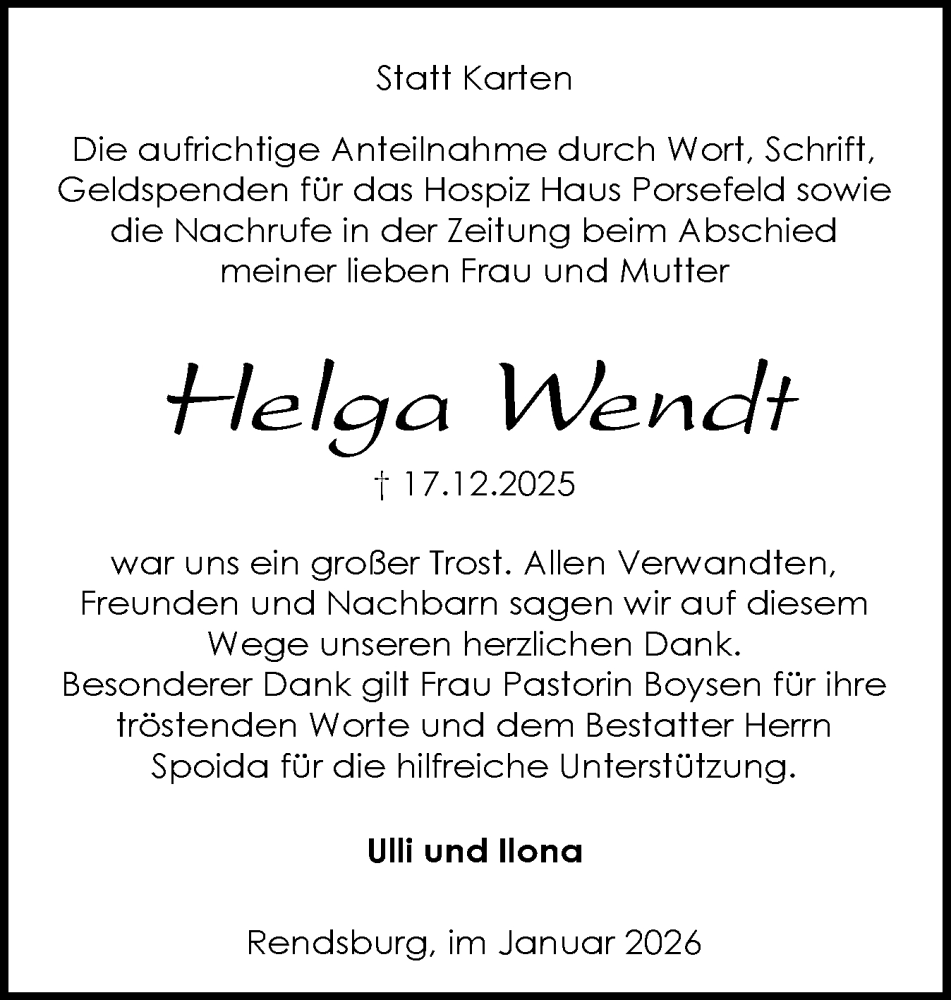  Traueranzeige für Helga Wendt vom 17.01.2026 aus Schleswig-Holsteinische Landeszeitung