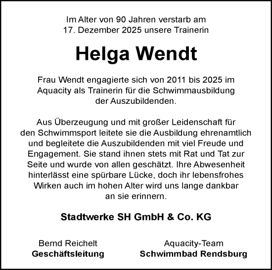 Traueranzeige von Helga Wendt von Schleswig-Holsteinische Landeszeitung