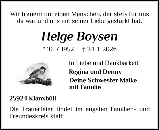 Traueranzeige von Helge Boysen von Husumer Nachrichten, Nordfriesland Tageblatt