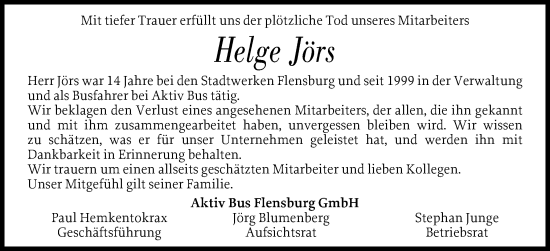 Traueranzeige von Helge Jörs von Flensburger Tageblatt