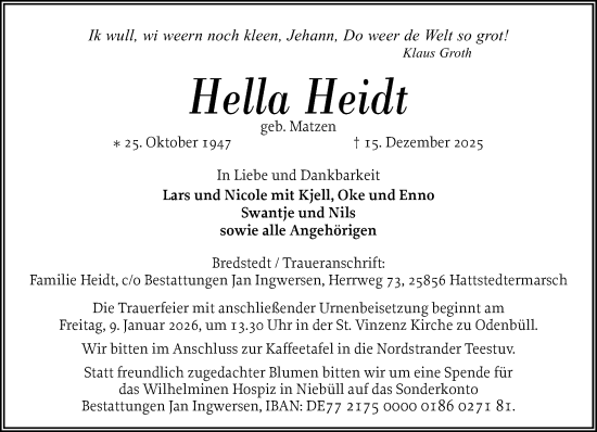 Traueranzeige von Hella Heidt von Husumer Nachrichten, Nordfriesland Tageblatt