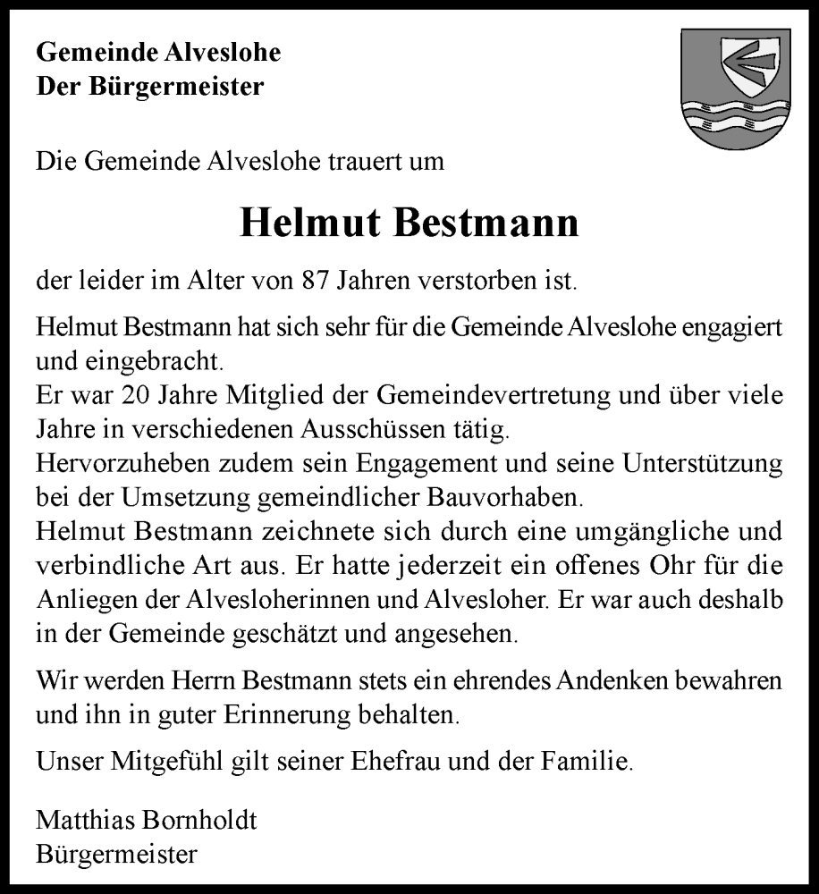  Traueranzeige für Helmut Bestmann vom 17.01.2026 aus Umschau