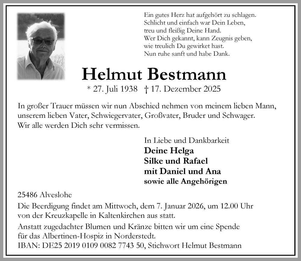  Traueranzeige für Helmut Bestmann vom 03.01.2026 aus Umschau