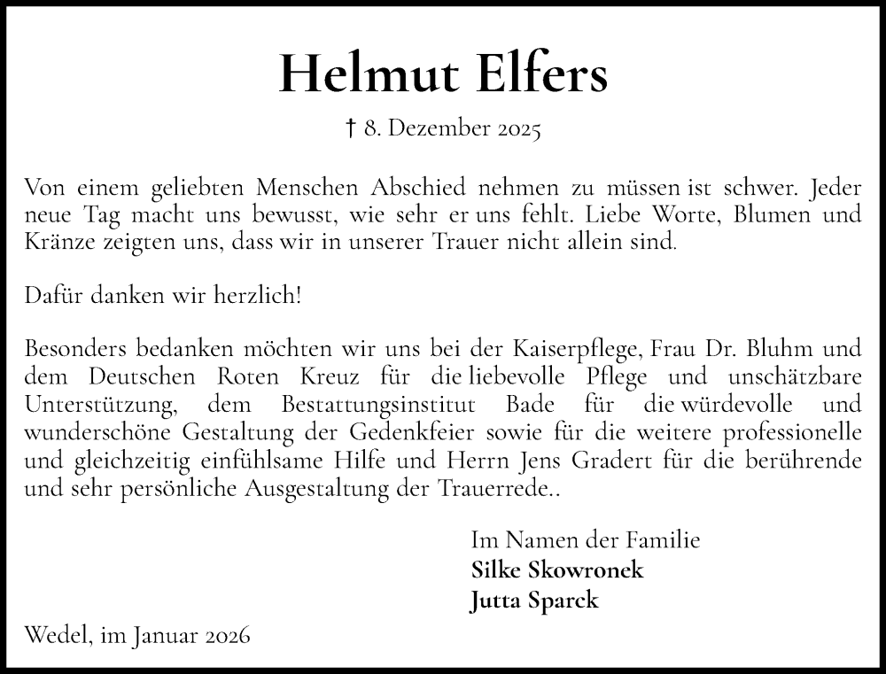  Traueranzeige für Helmut Elfers vom 10.01.2026 aus Wedel-Schulauer Tageblatt, tip Wedel-Schulauer Tageblatt, tip Rissener Rundschau
