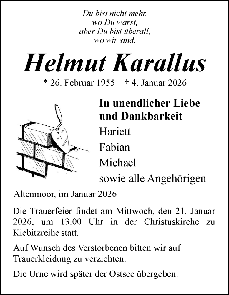  Traueranzeige für Helmut Karallus vom 10.01.2026 aus Elmshorner Nachrichten, Barmstedter Zeitung