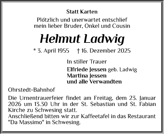 Traueranzeige von Helmut Ladwig von Husumer Nachrichten, Nordfriesland Tageblatt