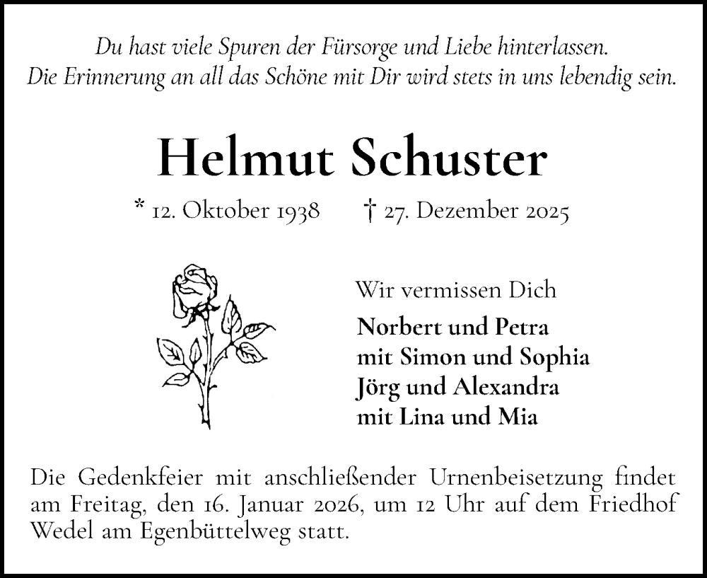  Traueranzeige für Helmut Schuster vom 10.01.2026 aus Wedel-Schulauer Tageblatt, tip Wedel-Schulauer Tageblatt, tip Rissener Rundschau