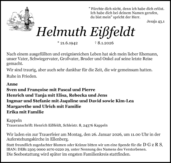 Traueranzeige von Helmuth Eißfeldt von Schleswiger Nachrichten, Schlei-Bote