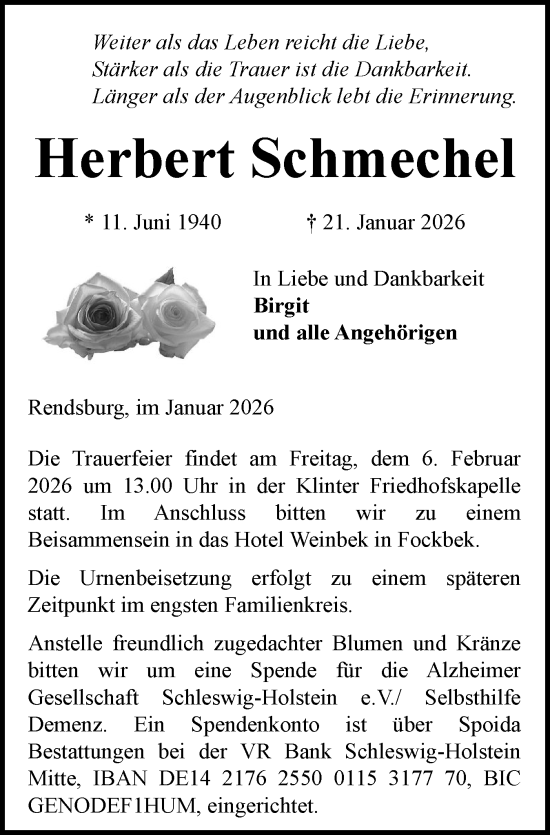 Traueranzeige von Herbert Schmechel von Schleswig-Holsteinische Landeszeitung