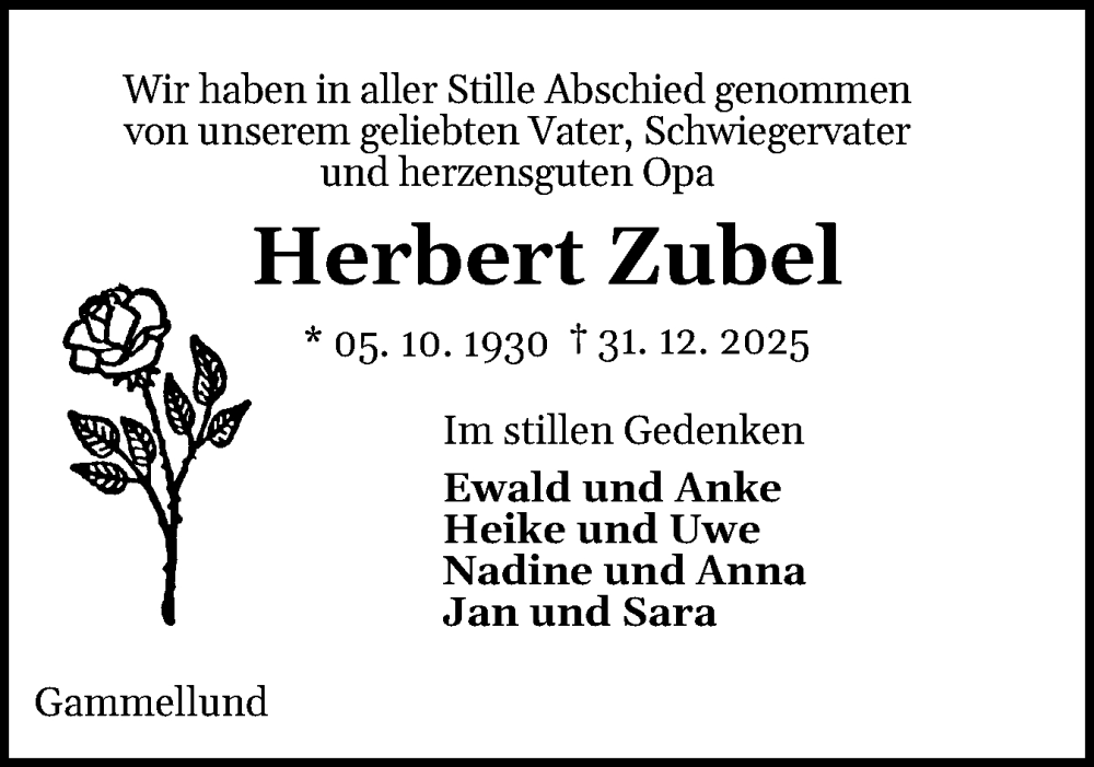  Traueranzeige für Herbert Zubel vom 24.01.2026 aus Schleswiger Nachrichten, Schlei-Bote