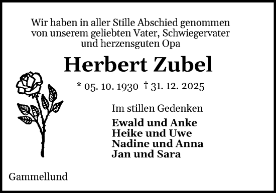 Traueranzeige von Herbert Zubel von Schleswiger Nachrichten, Schlei-Bote