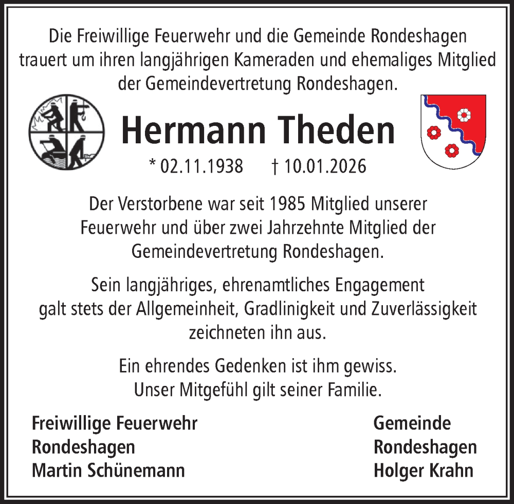  Traueranzeige für Hermann Theden vom 24.01.2026 aus MARKT Ratzeburg/Mölln