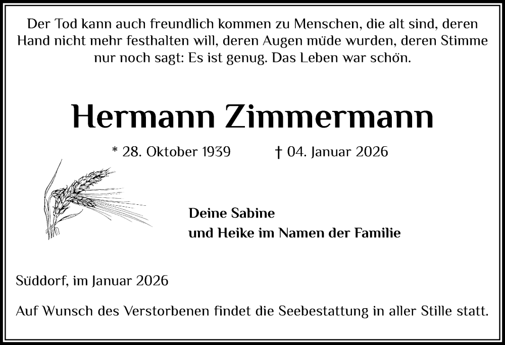  Traueranzeige für Hermann Zimmermann vom 10.01.2026 aus Der Insel-Bote