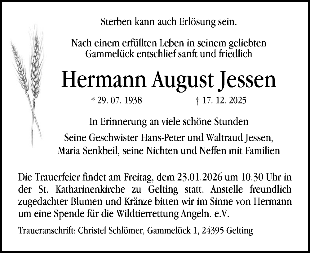  Traueranzeige für Hermann August Jessen vom 17.01.2026 aus Flensburger Tageblatt