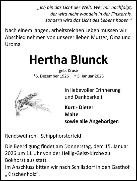 Traueranzeige von Hertha Blunck von Holsteinischer Courier