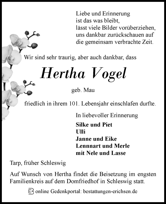 Traueranzeige von Hertha Vogel von Flensburger Tageblatt, Schleswiger Nachrichten, Schlei-Bote