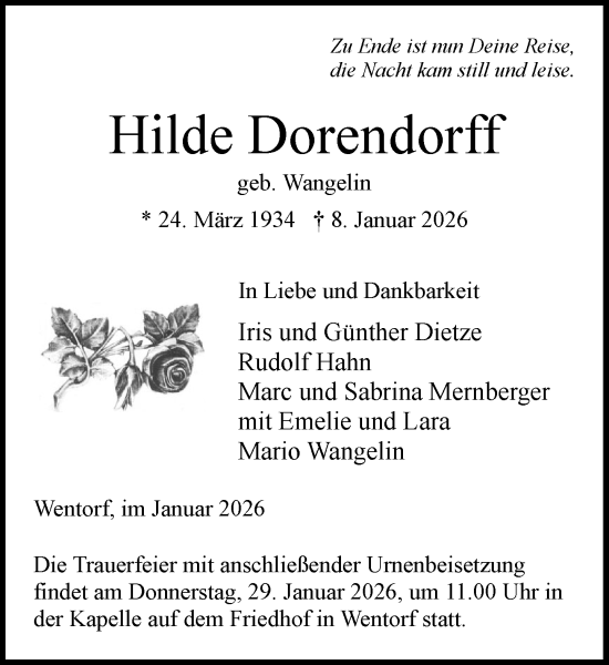 Traueranzeige von Hilde Dorendorff von Wochenend Anzeiger