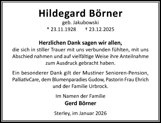 Traueranzeige von Hildegard Börner von MARKT Ratzeburg/Mölln