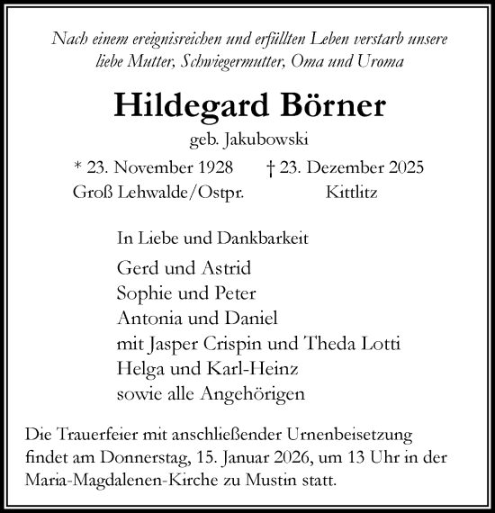 Traueranzeige von Hildegard Börner von MARKT Ratzeburg/Mölln