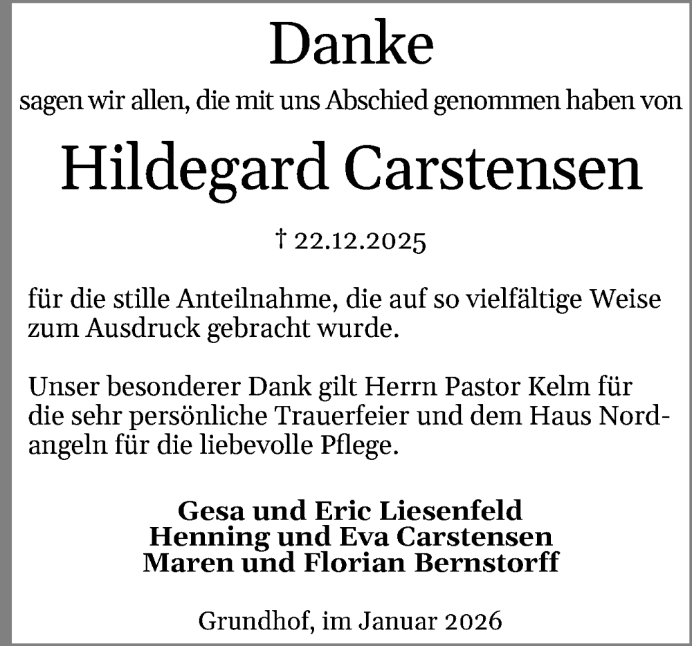  Traueranzeige für Hildegard Carstensen vom 17.01.2026 aus Flensburger Tageblatt