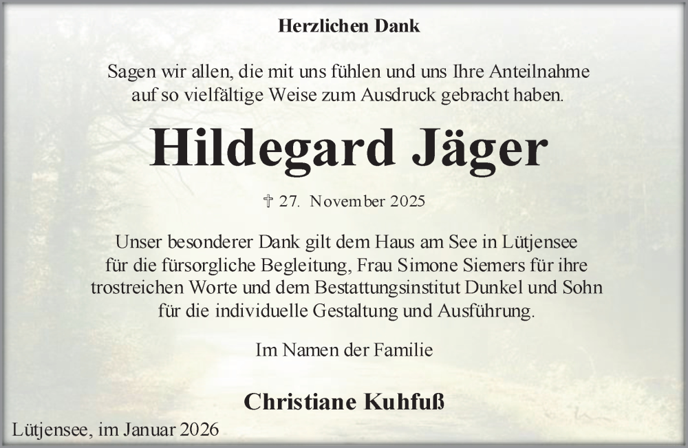  Traueranzeige für Hildegard Jäger vom 10.01.2026 aus MARKT Ratzeburg/Mölln