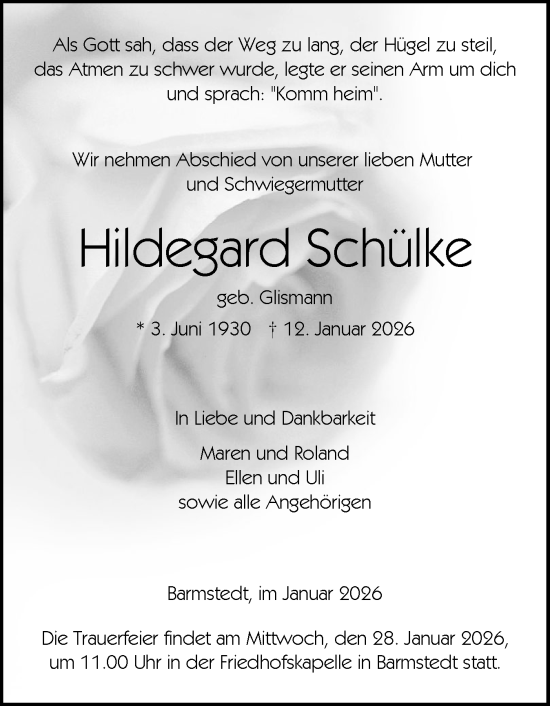 Traueranzeige von Hildegard Schülke von Elmshorner Nachrichten, Barmstedter Zeitung